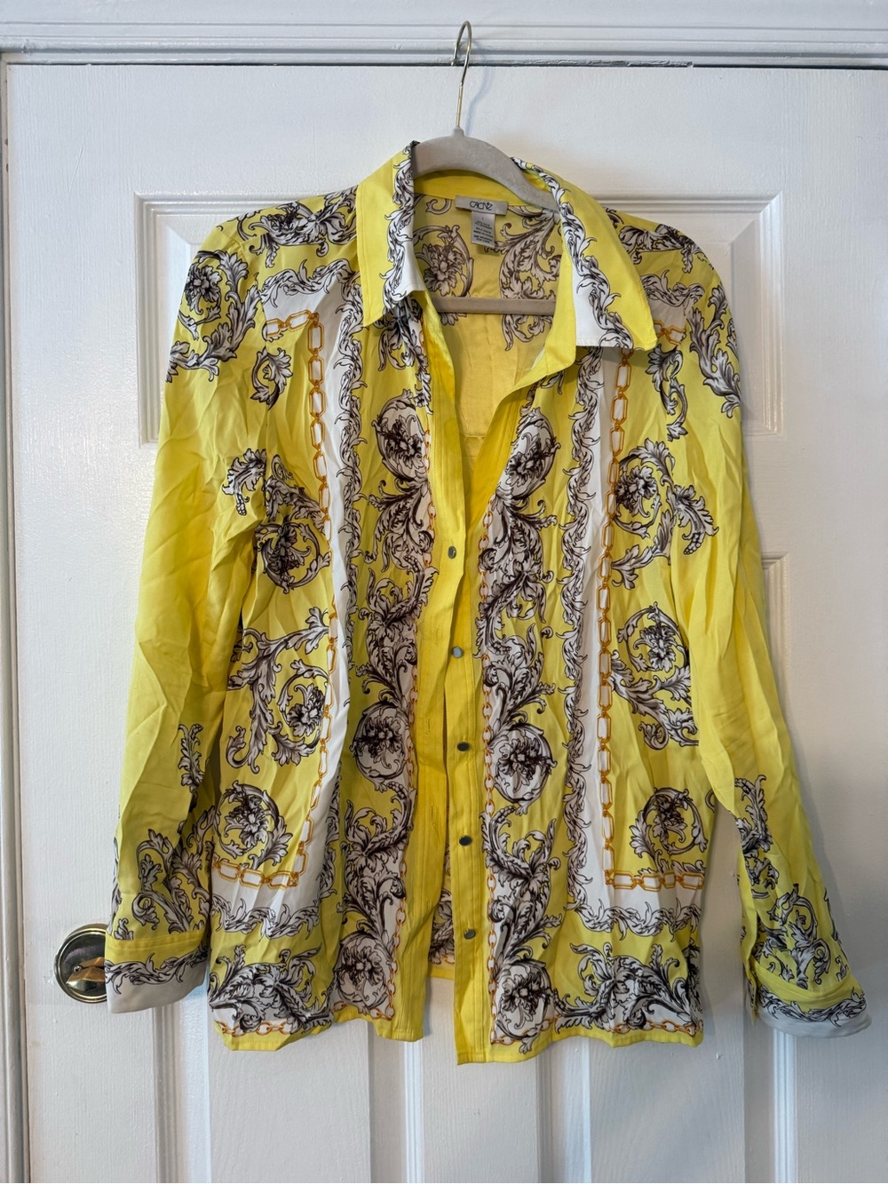 Cache Yellow Baroque Print Button-Down Shirt 95% Silk